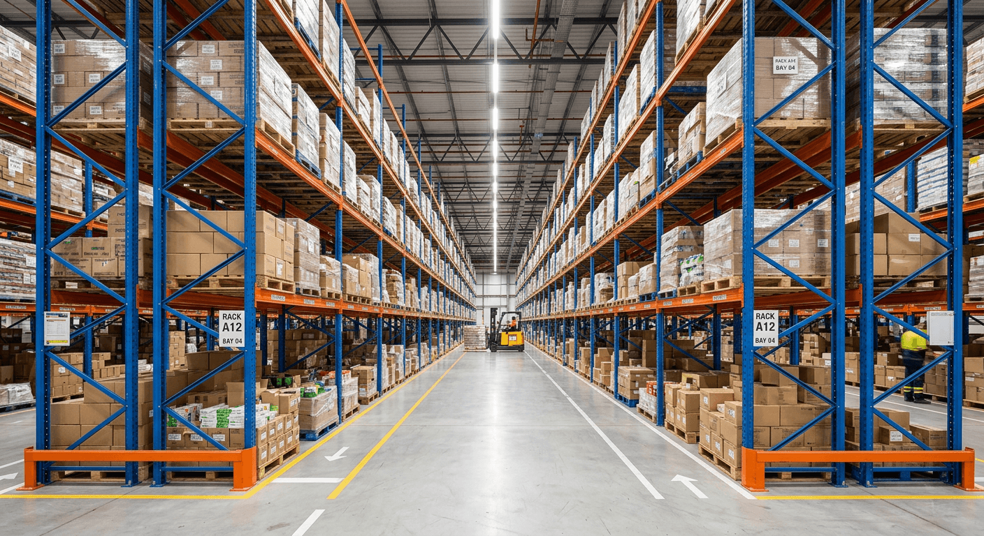 Warehouse aisle of tall bolted pallet racking loaded with pallets