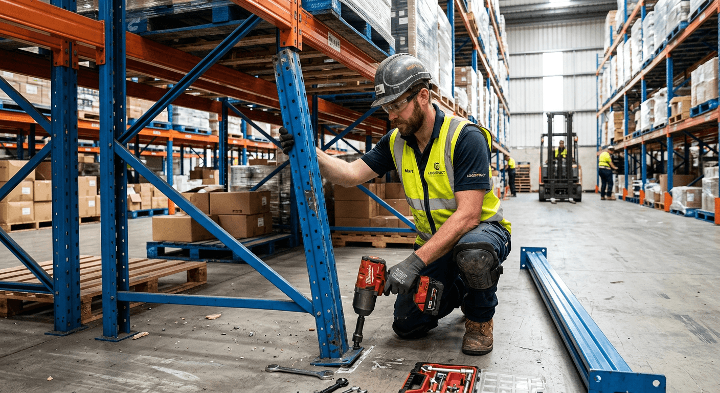 Technician using an impact wrench to replace a bolted pallet rack column