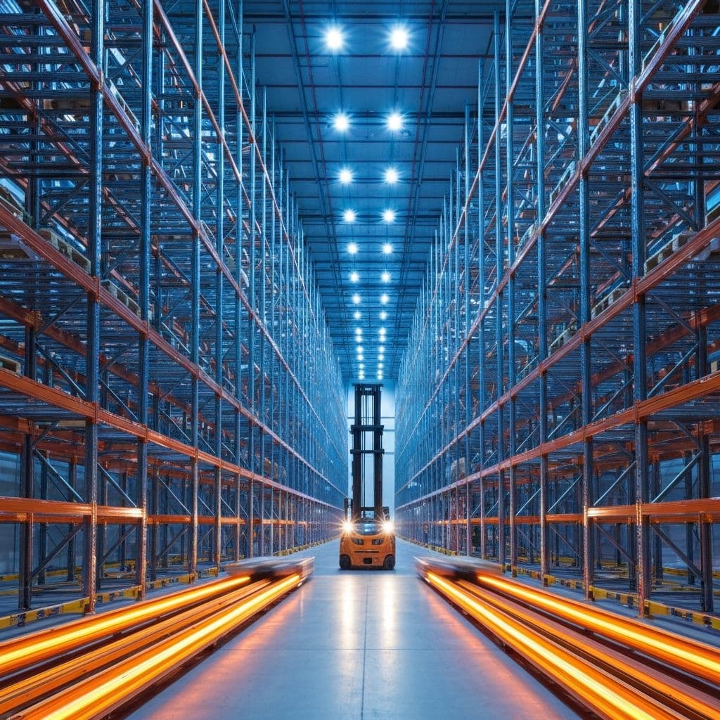 Warehouse with multiple racking systems - VNA, reach truck, push back, and shuttle systems