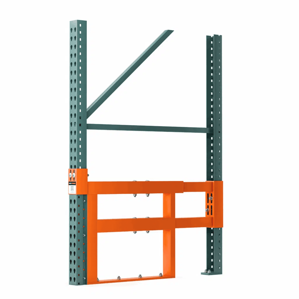 Green pallet rack frame with an orange bolt-on repair kit installed across the base of both uprights