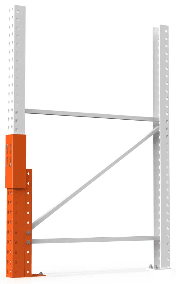 Pallet rack upright frame with an orange repair kit bolted onto the bottom section of the front column